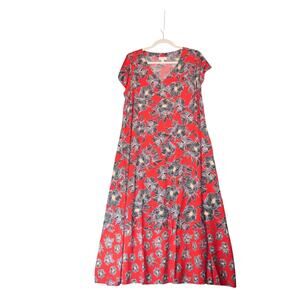 J Jill Maxi Dress Womens Medium Red Floral Maxi Boho Cottagecore Pockets